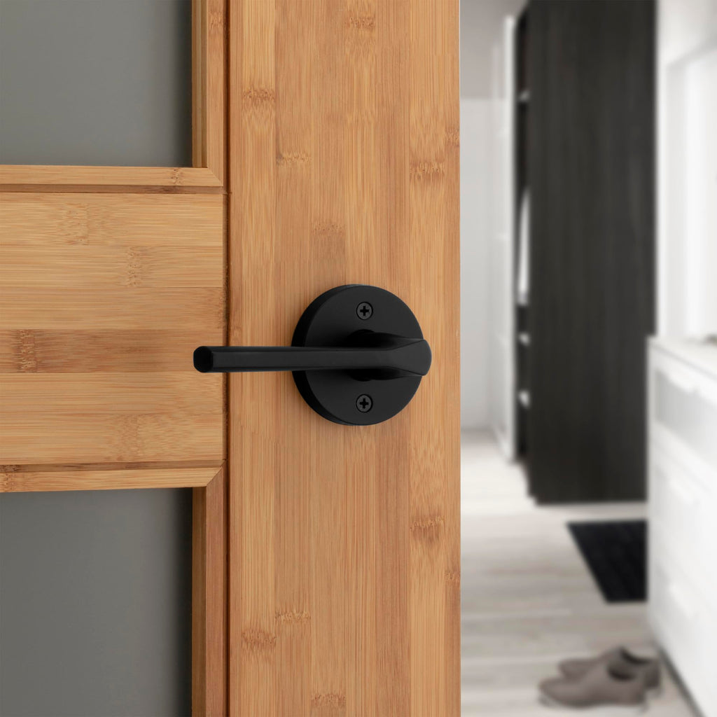 Lisbon Interior Privacy Door Handle with Lock, Round Lever , Matte Black Reversible Keyless Push Button Lock Door