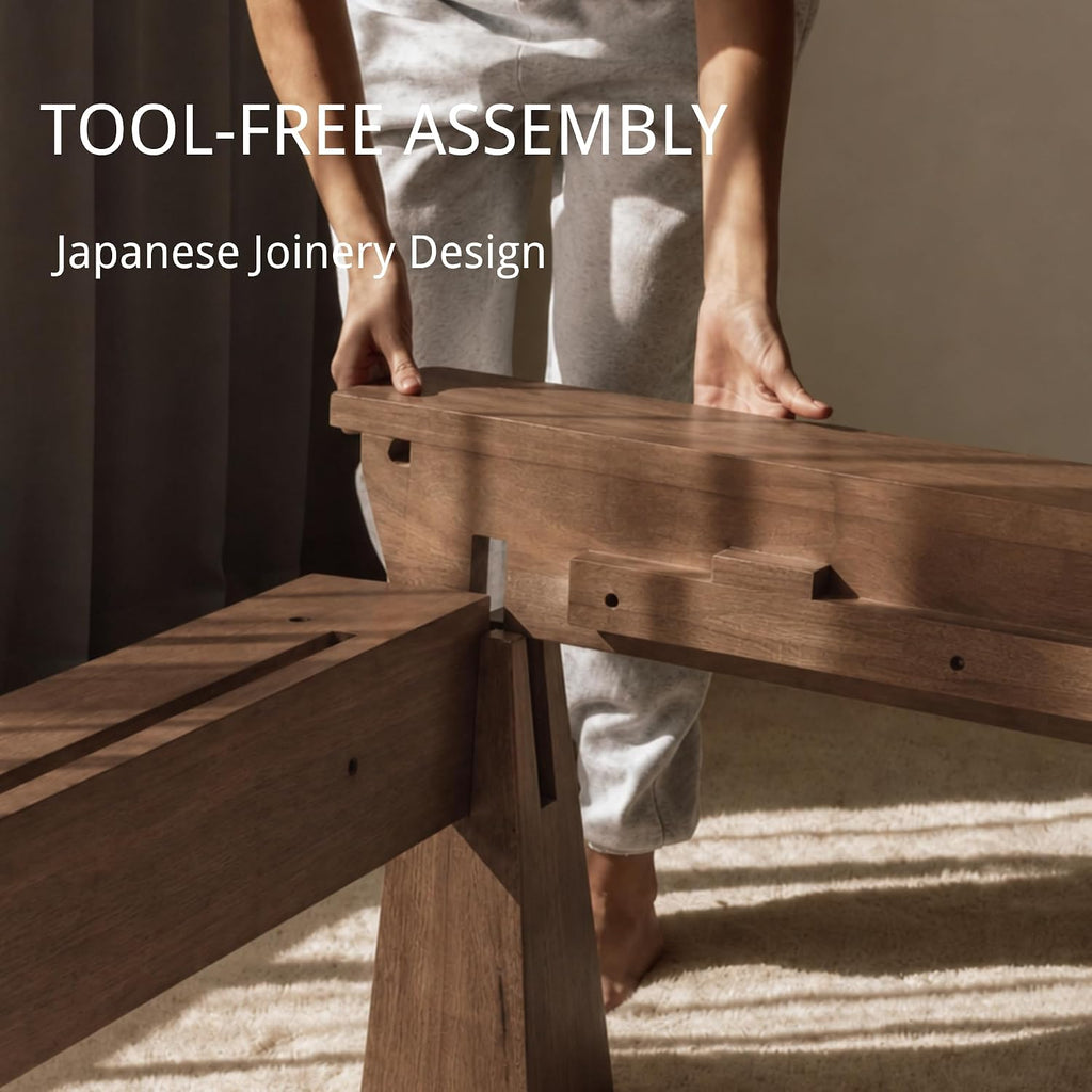 Japanese Joinery Solid Rubberwood Bed Frame, Tool-Free Assembly