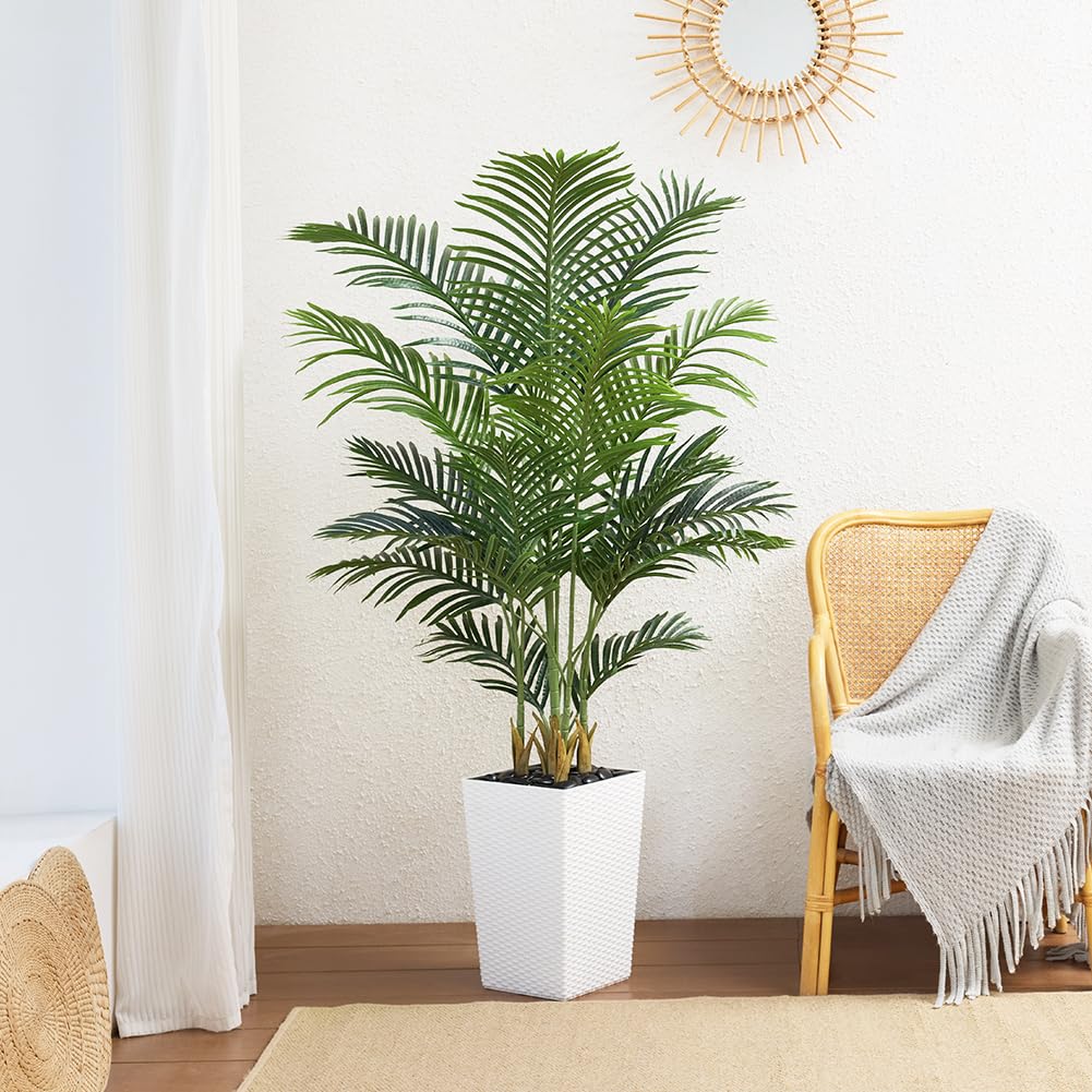 5FT Artificial Palm Tree - Tall Fake Tree with White Taper Planter & Pebbles, UV Resistant for Indoor & Outdoor Decor