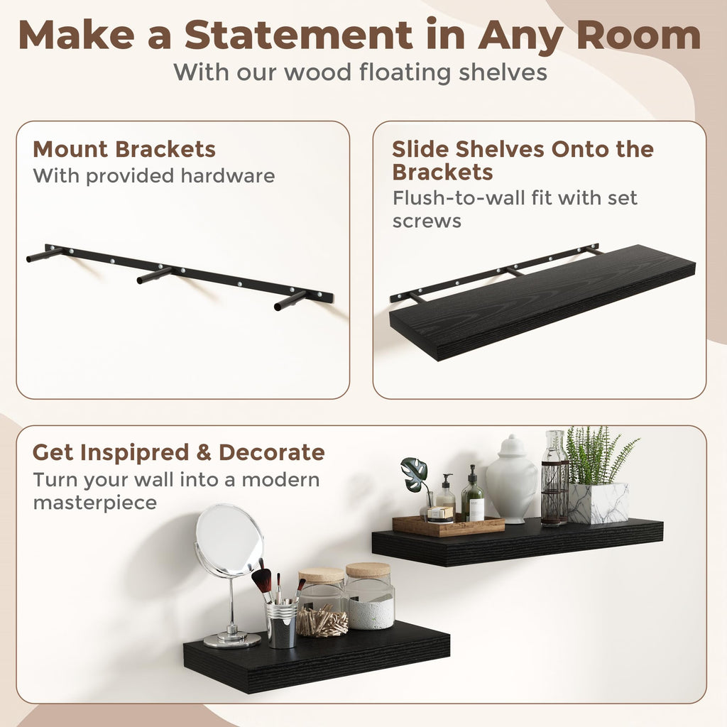 36 Inch Black Floating Shelves for Wall, 12 Inch Deep Shelves |Kitchen|Bedroom, Wall Mounted Rustic Wood Floating