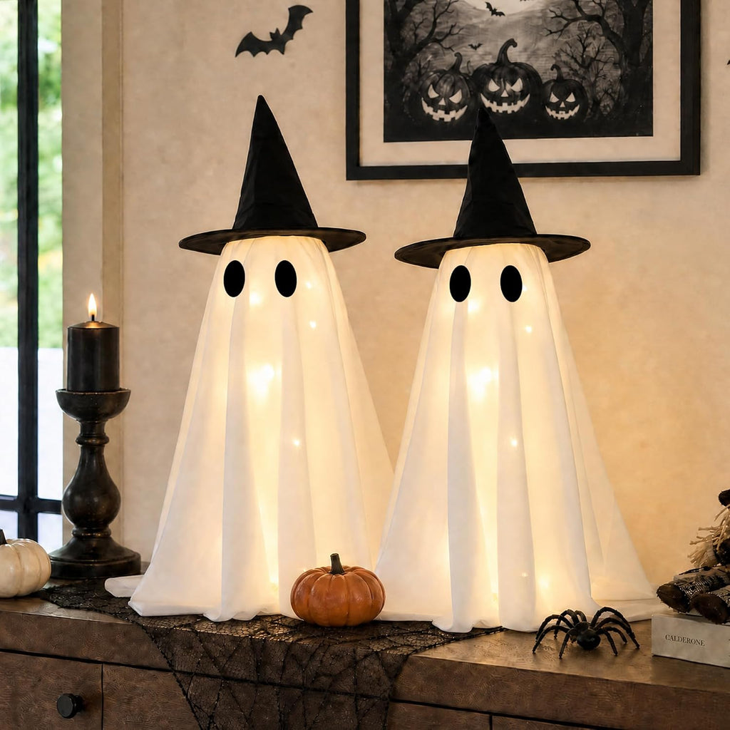 Halloween Decorations Light-Up Ghosts with Witch Hats - Set of 2