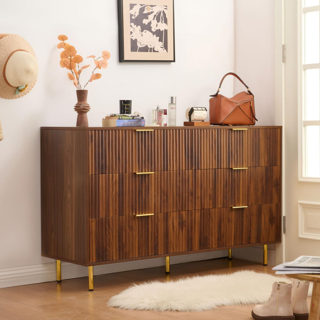 Dark Walnut Fluted 6 Drawers Dresser with Gold Handle