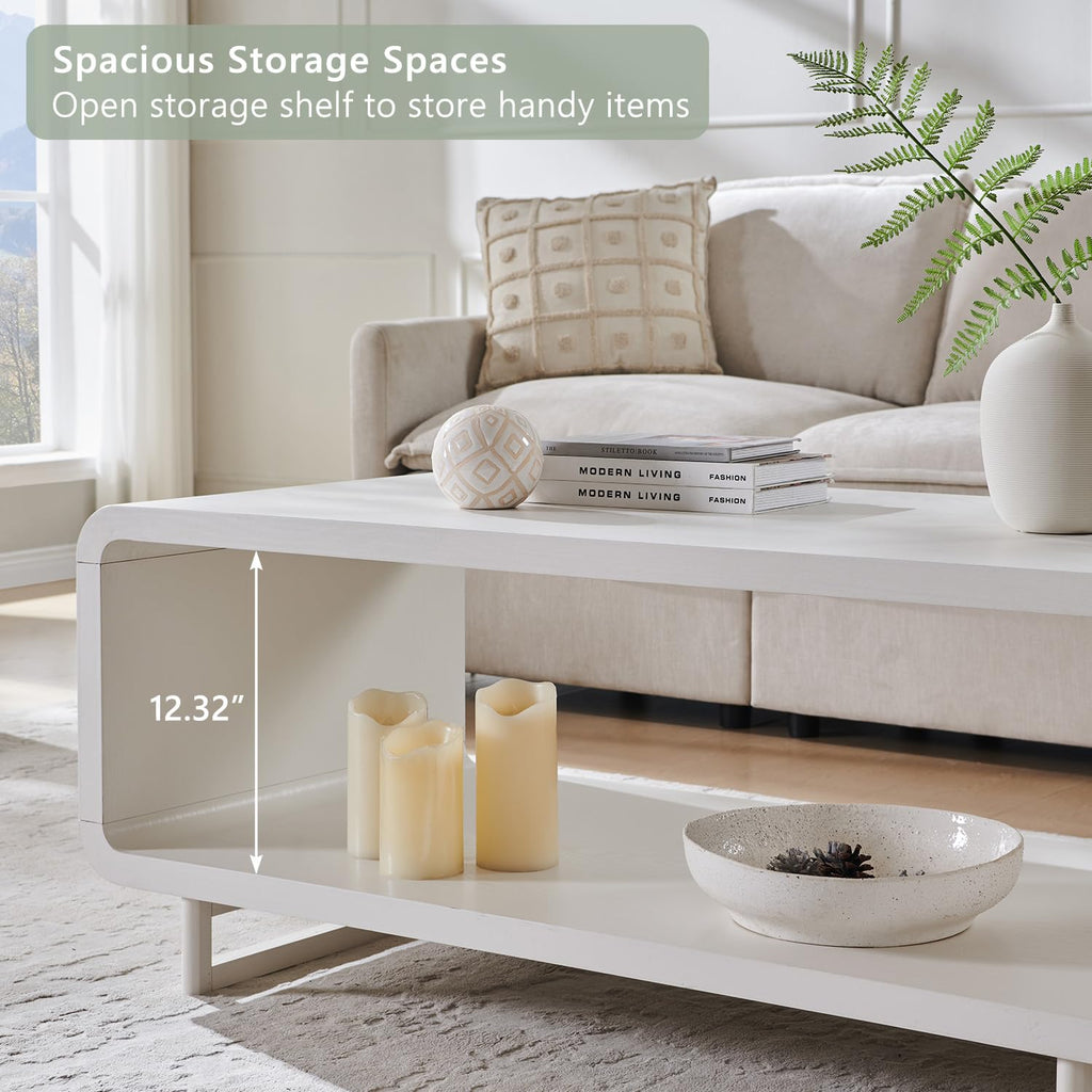 48" Modern Coffee Table, 2-Tier Minimalist Curved Center Table, White