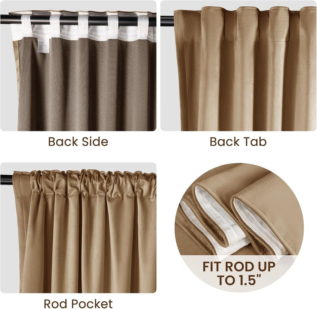Velvet Curtains 84 Inches Long, Thermal Insulated Gold Brown Blackout Curtains for Living Room Bedroom Curtain Set