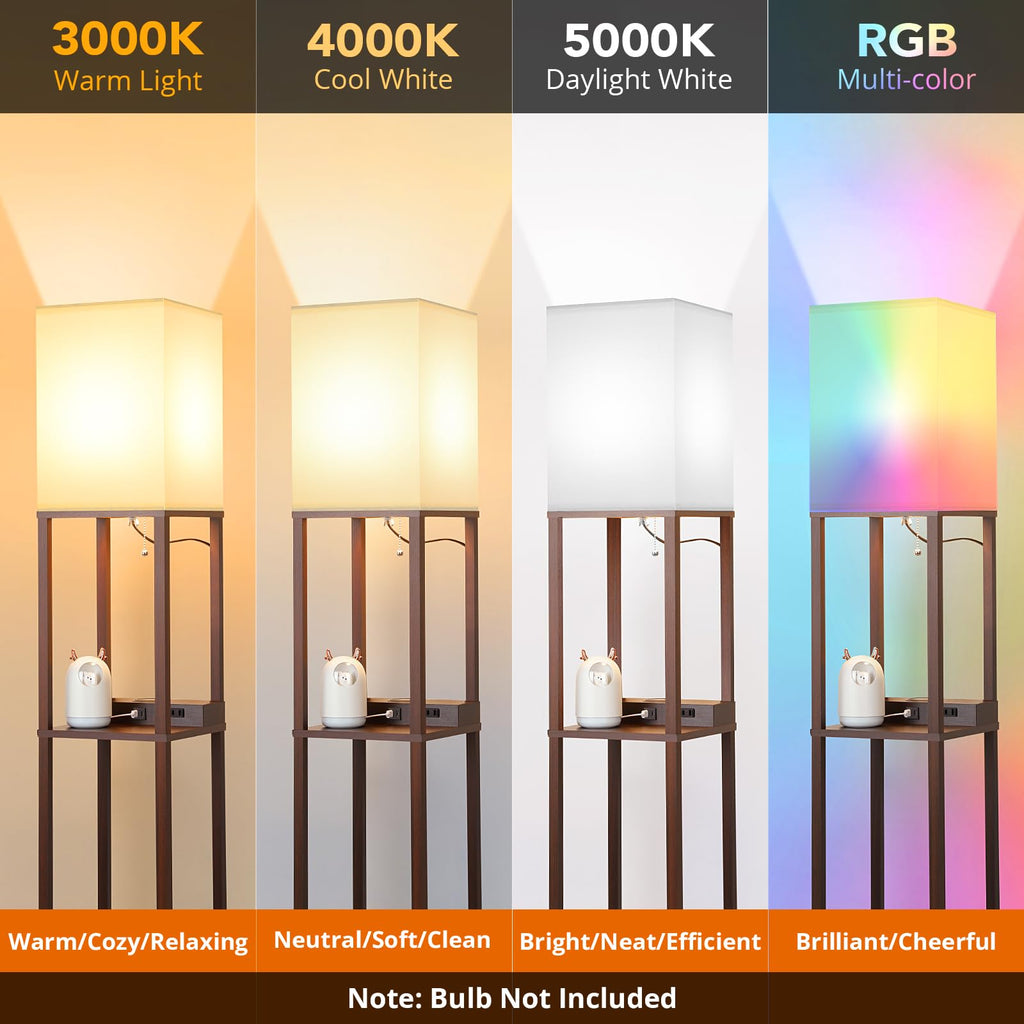 Shelf Floor Lamp with Wireless Charger, USB, Type C, AC Port,Brown