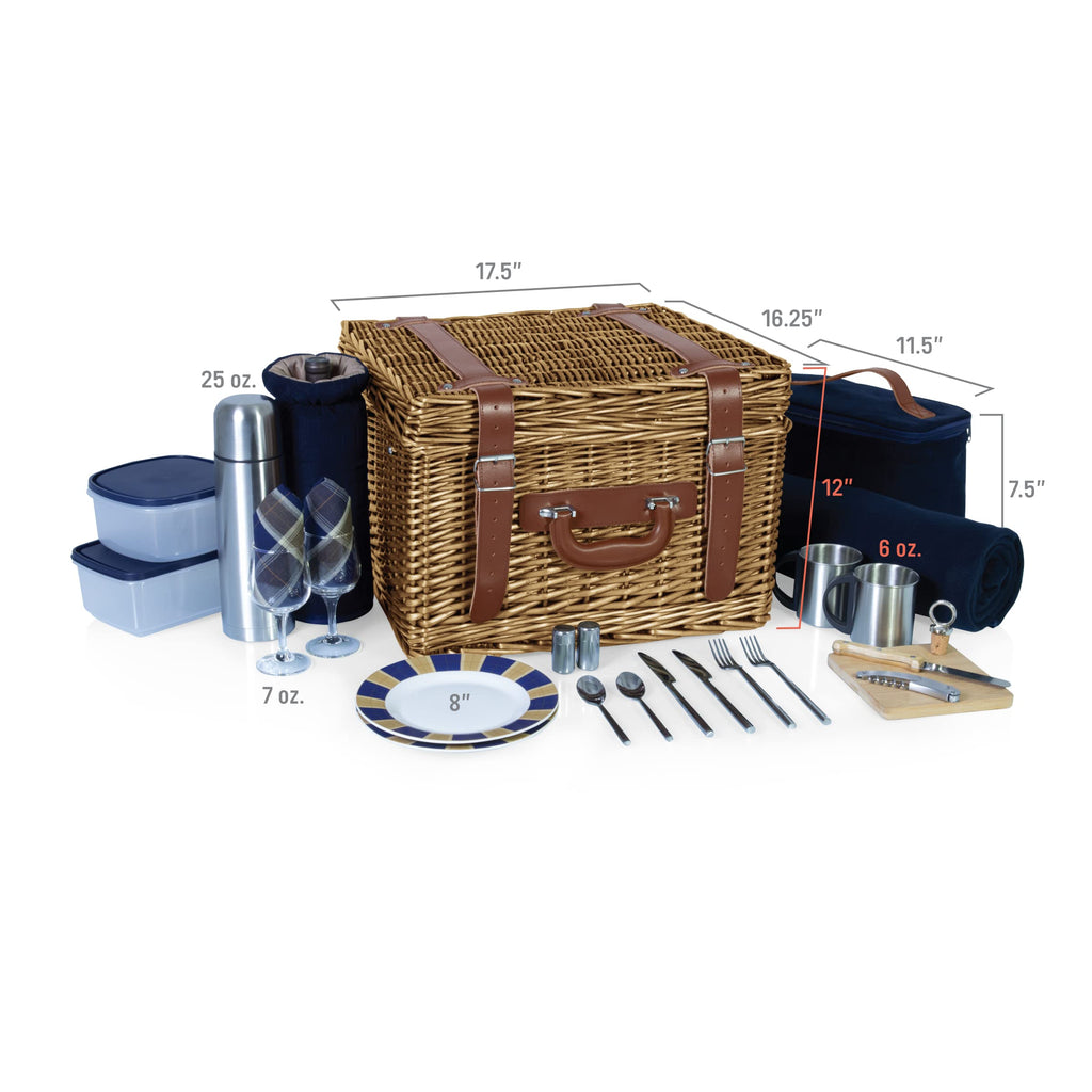 Romantic Canterbury Deluxe Wicker Picnic Basket Set for 2, with Blanket and Soft Cooler, One Size, Navy With Plaid