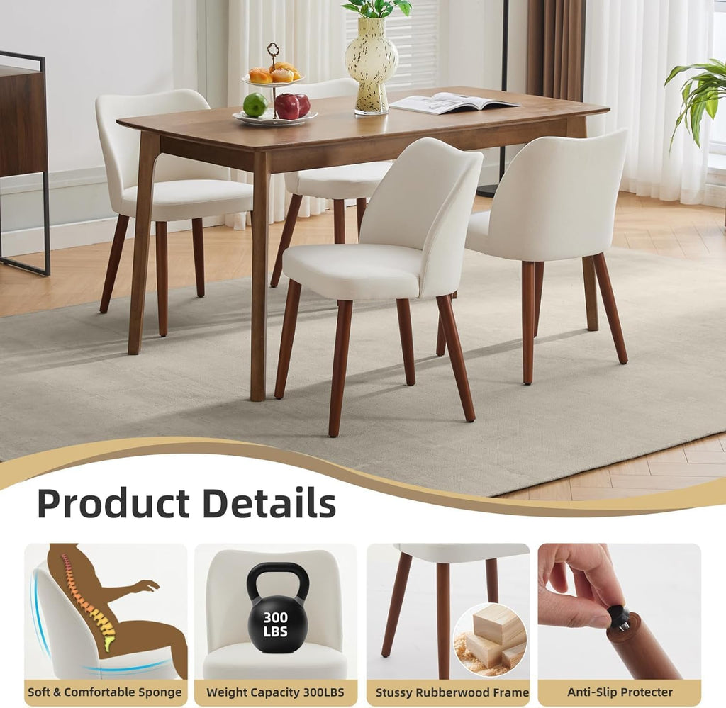 Wooden Dining Chairs Set of 4, Farmhouse Kitchen Chairs with Curved Back, Modern Fabric Upholstered Chairs, Cream