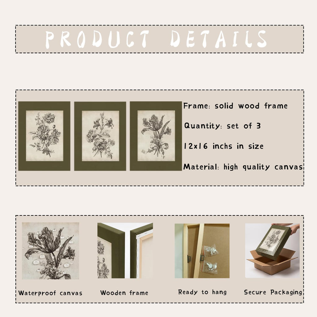 Vintage Botanical Wall Art Set of 3, Olive Green Floral Canvas Prints, Antique Flower Illustrations Bedroom Bathroom