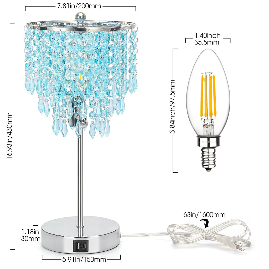 Touch Control Crystal Table Lamp, 3-Way Dimmable Lamp with USB A+C Ports