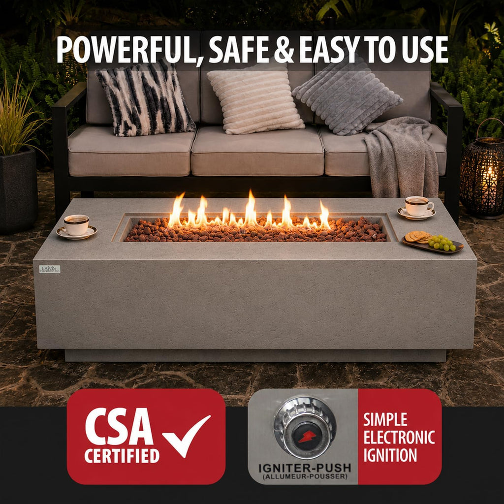 AMS 60" Rectangular Concrete GFRC Propane Gas Fire Pit Table (Light Gray) | (Madison) Limestone Texture Fire Pit