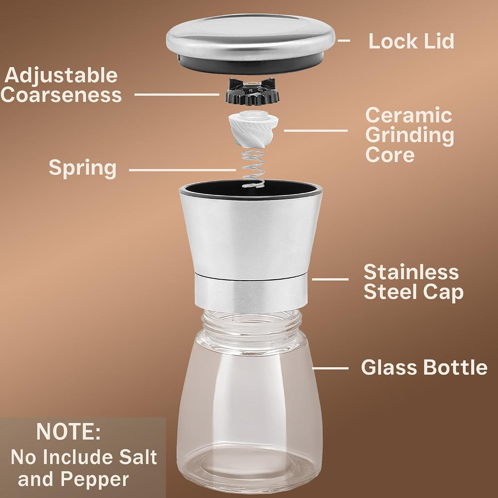 Stainless Steel Salt and Pepper Grinder Set - Short Glass Shaker, Pepper Mill & Salt Mill with Adjustable Coarseness - Set of 2