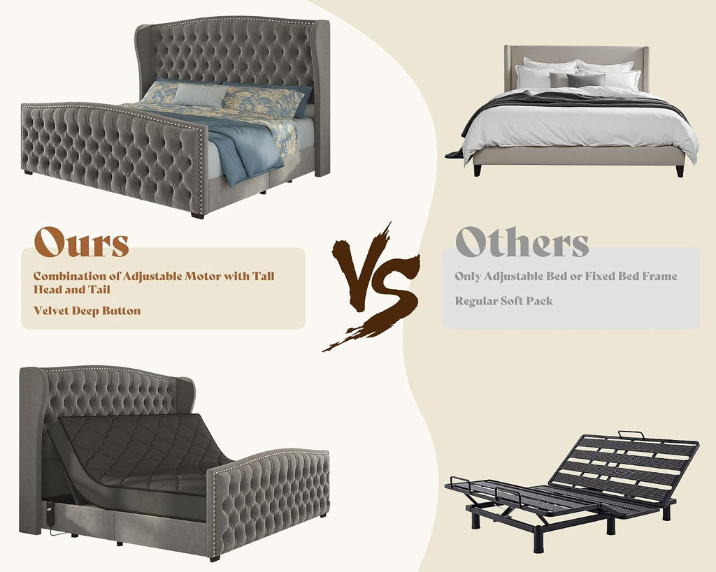 Queen Adjustable Bed Frame with 51" Velvet Upholstered Headboard