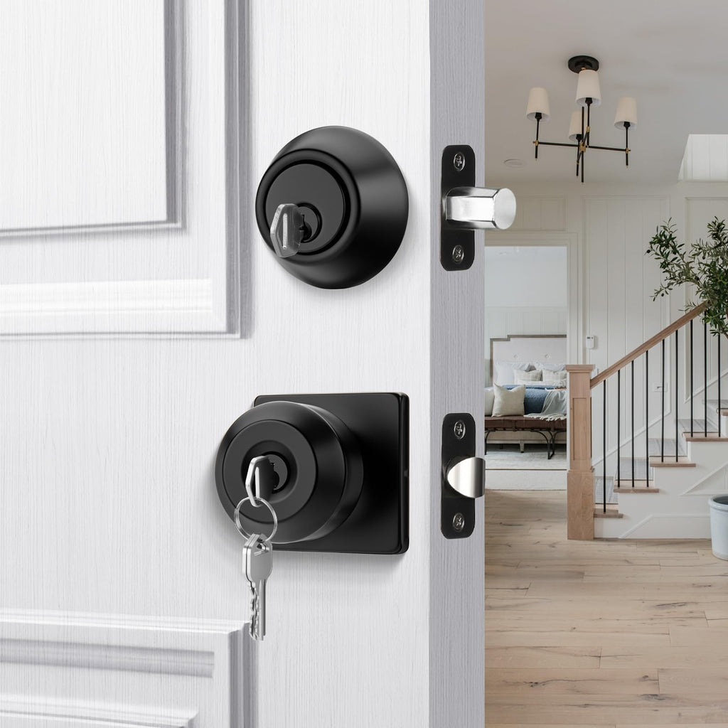Exterior Deadbolt and Keyed Entry Door Knob Set, Key Entry Front Black Door Knob with Lock and Key (3 Pack)