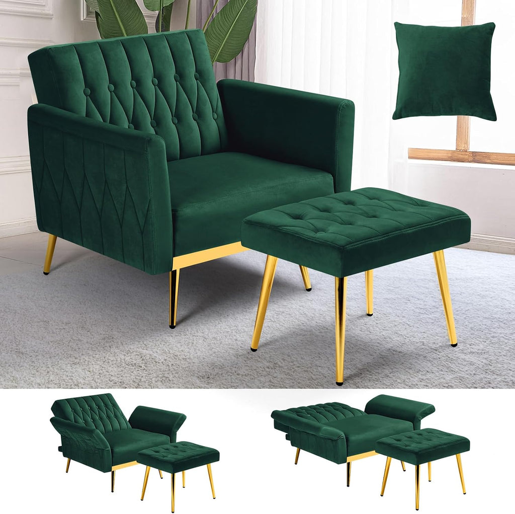 Velvet Accent Chair with Adjustable Armrests and Backrest, Button Tufted Lounge Chair, Single Recliner Armchair with