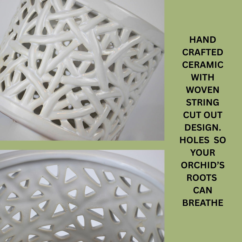 Set of 2 Large Ceramic Orchid Pots with Holes, 6 Inches Wide, for Indoors or Outdoors with Woven String Cut Out Design