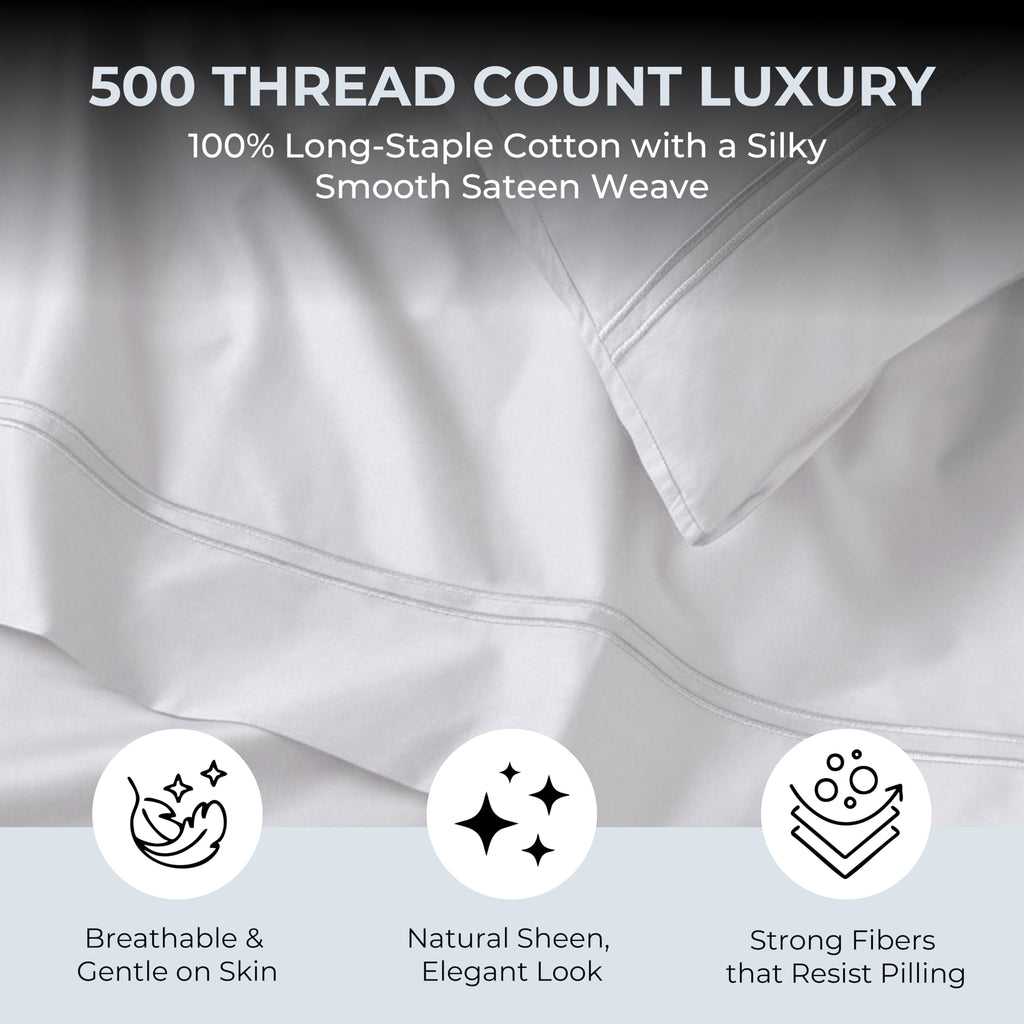 Sheet Set, 500 TC Single-Ply Cotton Sateen, 4-Piece, White