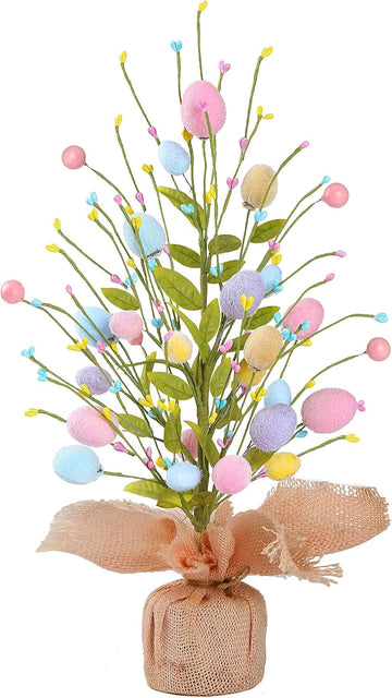 17'' Easter Egg Table Tree Easter Decorations with Artificial Eggs Greenery Leaves Berries Artificial Tree Decor