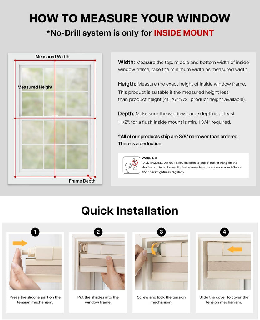 TDBU Cellular Shades, White | No Drill Cordless Top Down Bottom Up Honeycomb Blinds, 1.5 Inch Cell Easy Install No