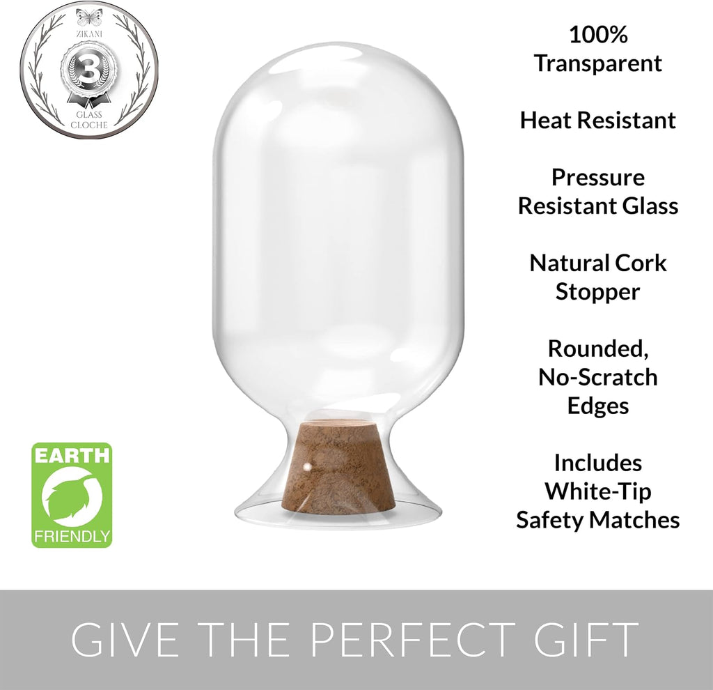 Glass Match Holder with Striker - Includes Fancy Matches in Cloche Jar - Decorative Christmas Gift or Fireplace