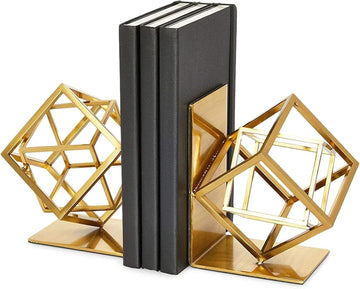 Gold Bookends - Heavy-Duty Metal Book Ends for Bookshelf Decor - Geometric Square Style for Decorative Books Display
