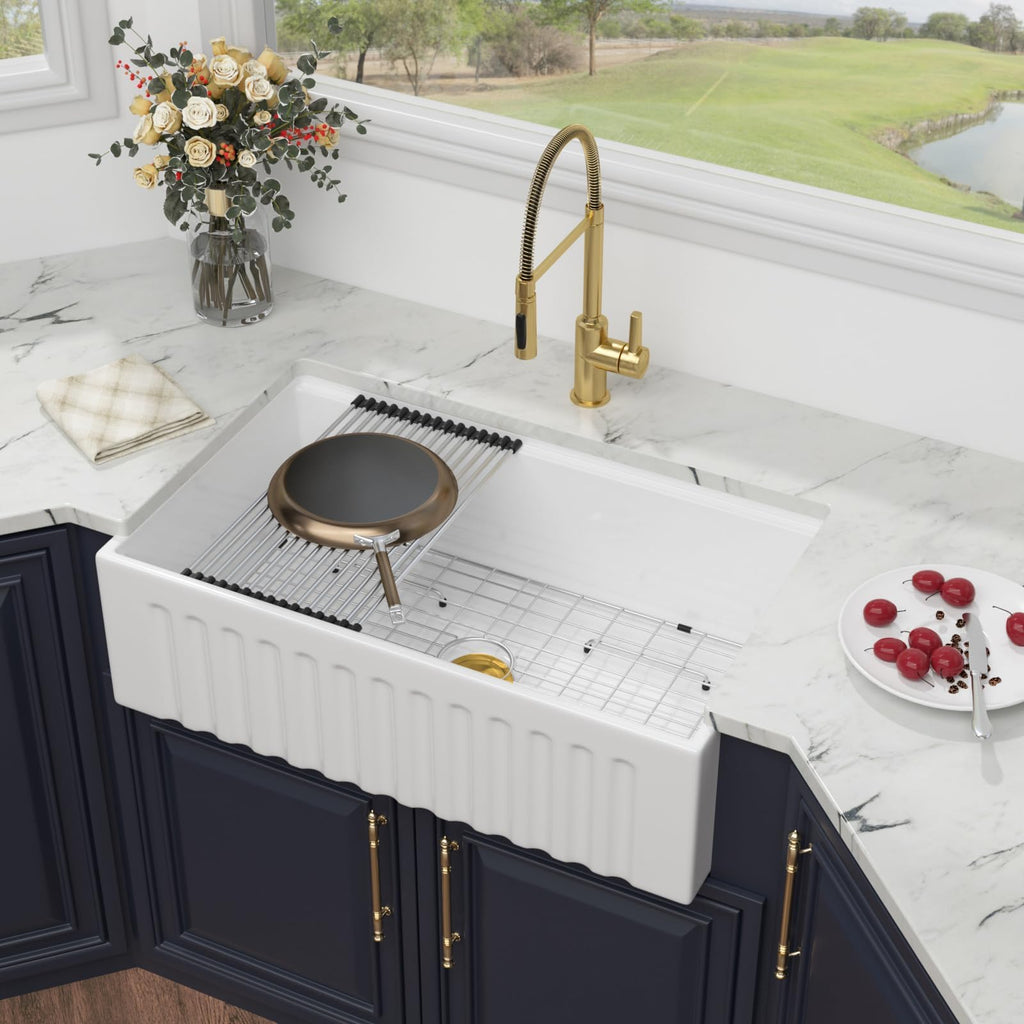 33 White Farmhouse Kitchen Sink - 33X20 Inch Ledge Workstation Reversible Fluted Apron Front Ceramic Porcelain Farm
