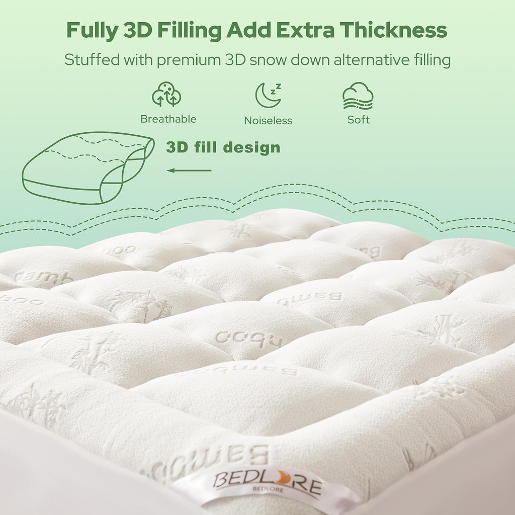 King Mattress Topper Viscose Bamboo, Thick Pillow Top Mattress Pad | Stretchable Pockets Fit 6"-18" Mattress, Soft