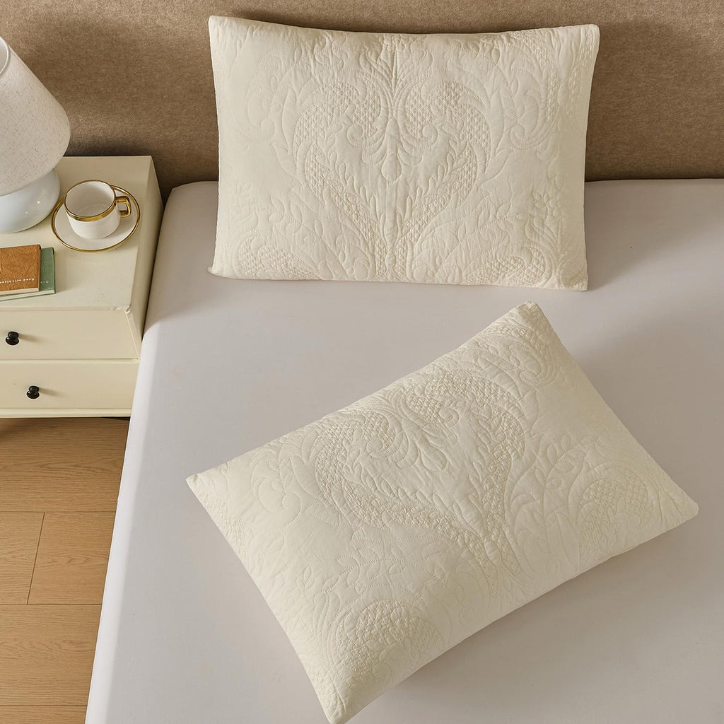 Quilted Pillow Shams Damask Ivory King Set of 2 Embroidered Cotton Cream
