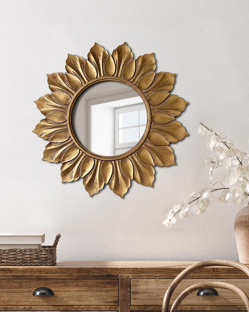 Sunflower Sunburst Wall Mirror, 22" Distressed Gold Wooden Frame