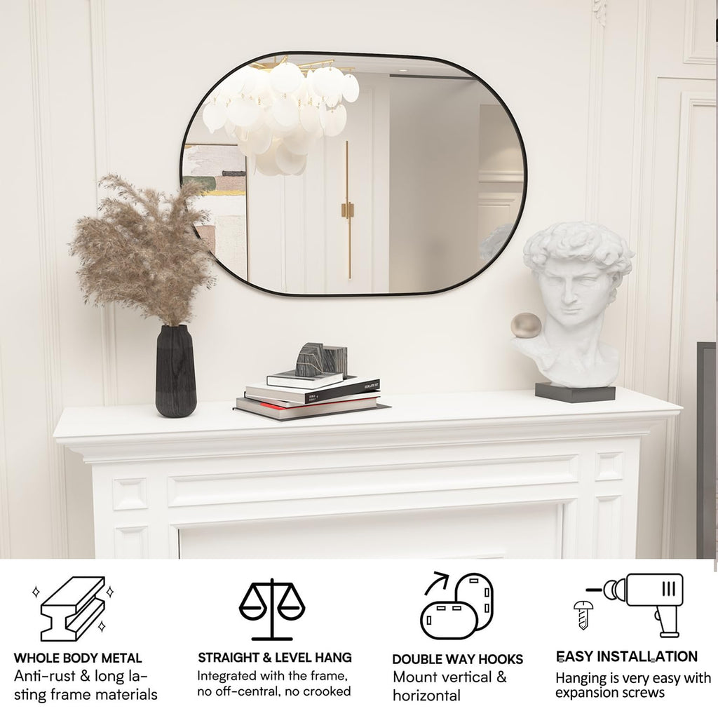 Oval Bathroom Mirror Capsule Wall Vanity Mirror, 24"x36" Pill Mirrors Wall Mounted Mirror, Large Modern Mirror