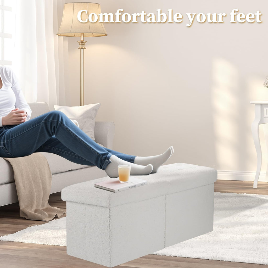 Storage Ottoman Bench, 34" Folding Velvet Foot Rest Stool, White