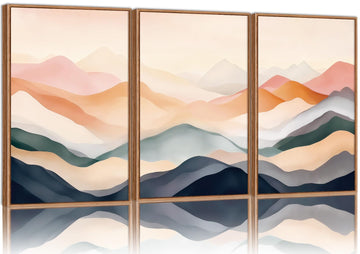 Boho Abstract Mountain Framed Canvas Wall Art, Earthy Toned Nature Landscape Wall Decor, Watercolor Scenery Artwork