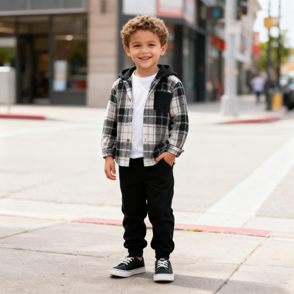Toddler Boys Outfits Plaid Hooded Sweatshirt & Casual Pants 2PCS Boys Fall Winter Clothes Set