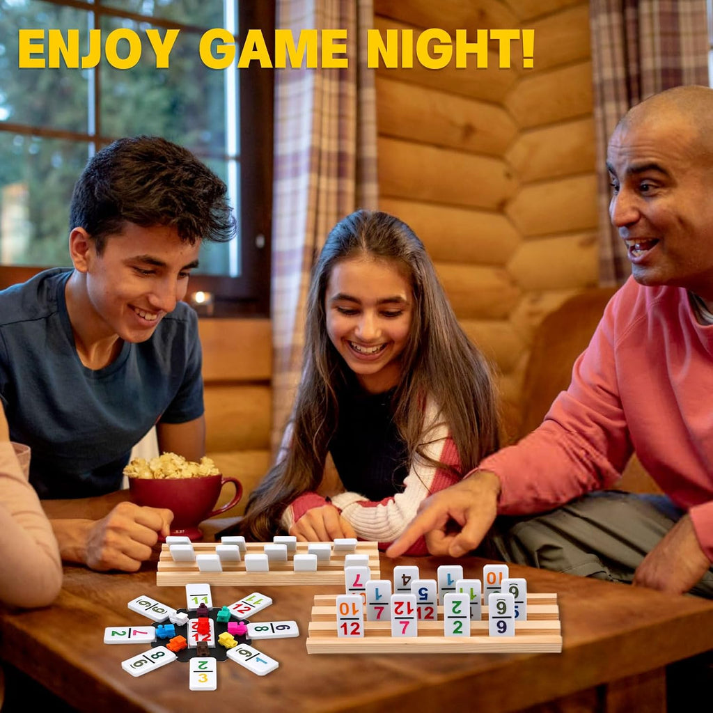 Mexican Train Dominoes Double 12, 91 Number Tiles, 8 Wooden Holders