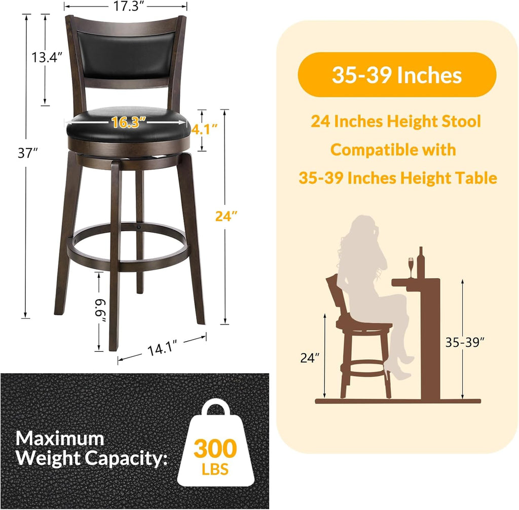 Swivel Bar Stools Set of 2, 24 Inch Counter Height Barstools, Black Faux Leather Bar Stool with High Backrest & Solid