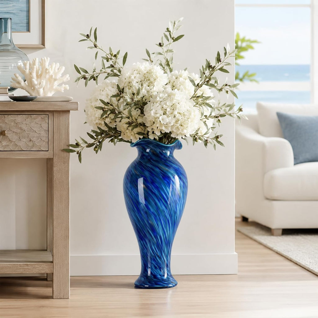 20" Tall Hand Blown Glass Vase - Pretty Ruffle Wide Mouth Decorative Flower Vase, for Modern Home Decor, Ideal