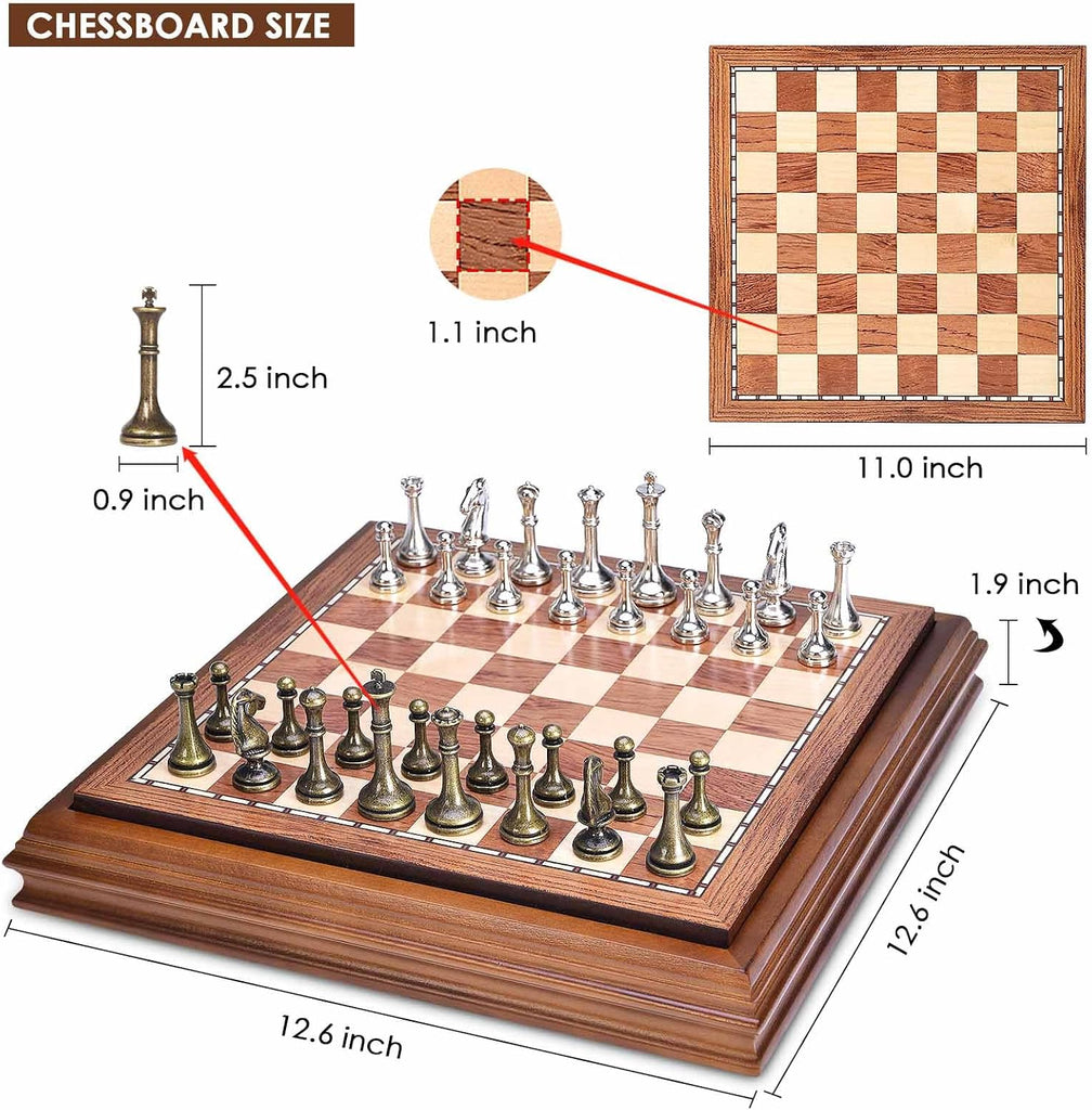 Wooden Chess Board Set with Pieces Storage for Adults Kids, 12.5 Inch Chess Set with Metal Pieces, Unique Chess Game