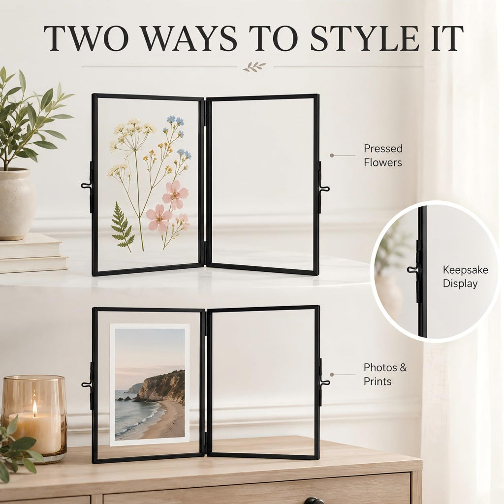 Black Hinged Double Glass Frame 5x7in, Photo Pressed Flower Tabletop Frame