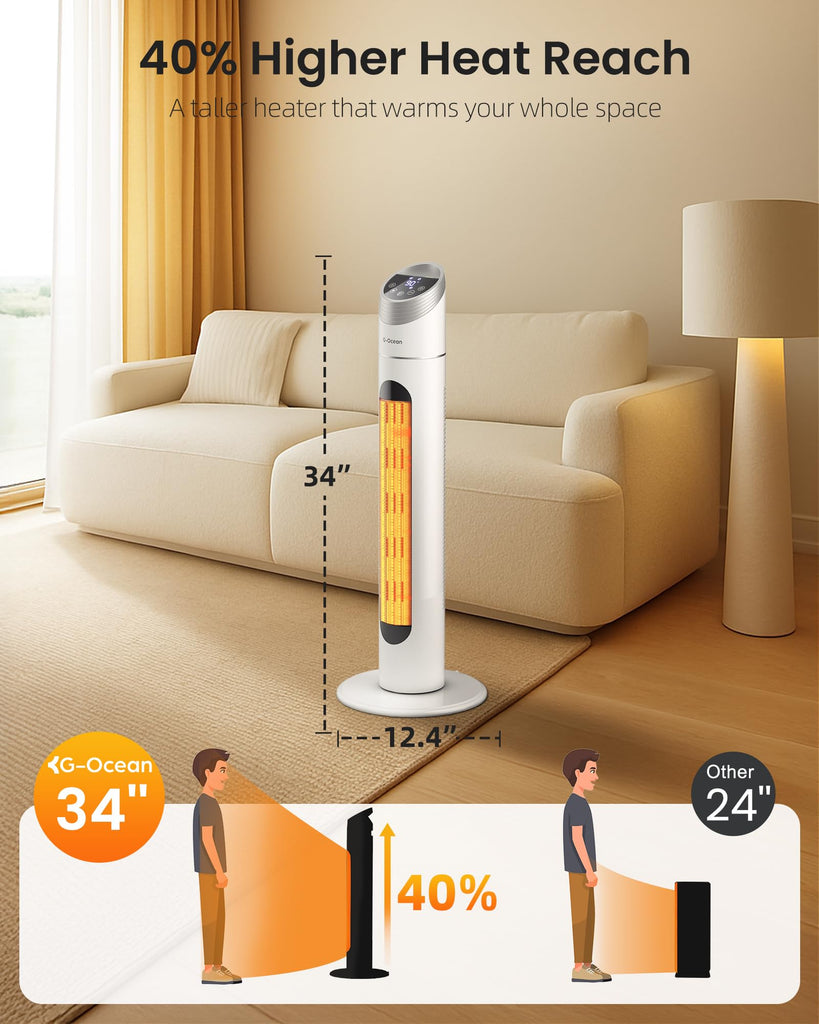 34" Space Heater for Indoor Use, Tower Heater for Large Room, White