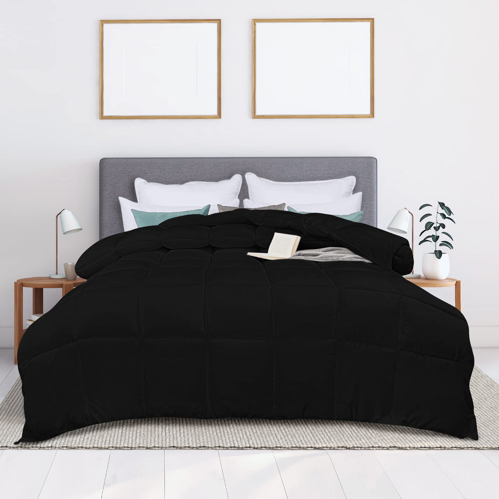 Comforter Duvet Insert, Quilted Comforter with Corner Tabs, Box Stitched Down Alternative Comforters (Black, Double)