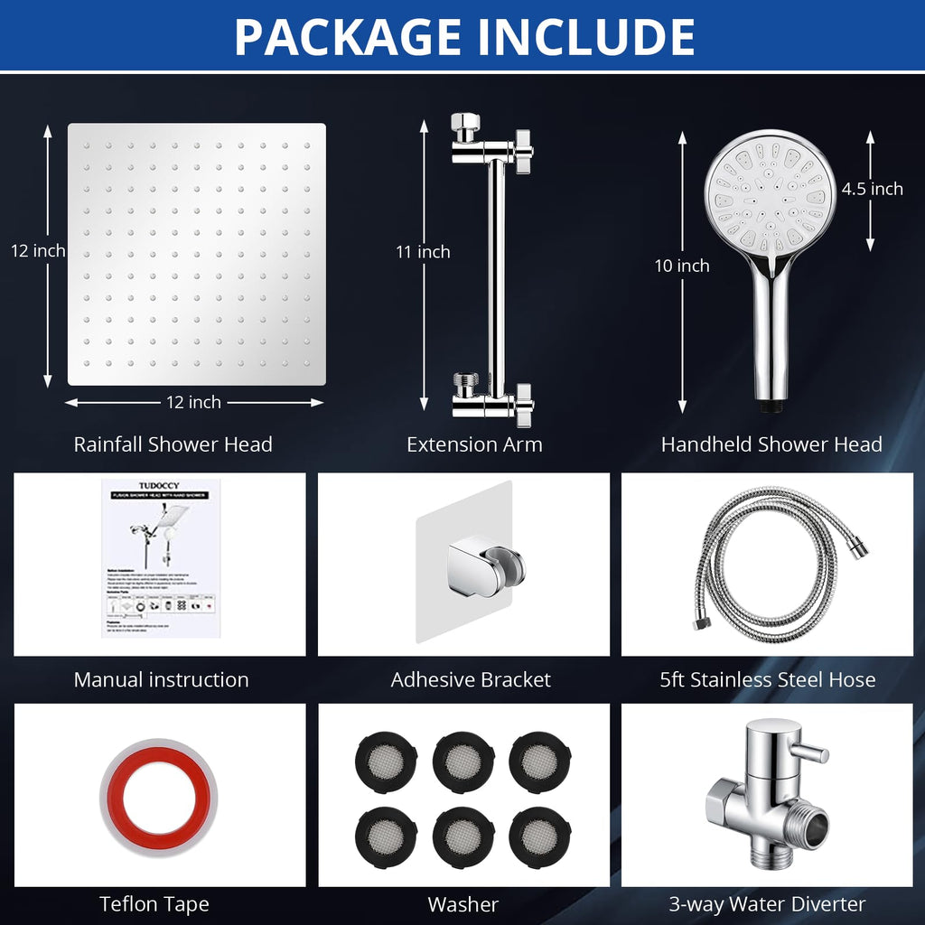 Shower Head, 10'' High Pressure Rainfall/Handheld Shower Combo, Chrome