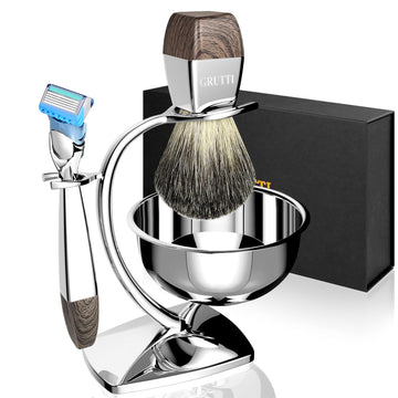 Shaving Kit for Men, 4 in 1 Shaving set Includes Badger Brush, Safety Mens Razor, Shaving Stand, Soap Bowl