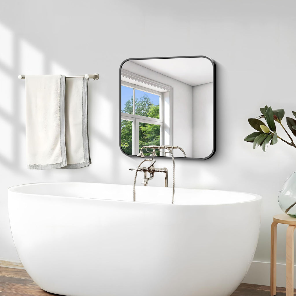 Black Bathroom Mirror, 18 x 18 inch Square Mirrors for Wall, Metal Frame Rounded Corner Vanity Mirror for Over Sinks