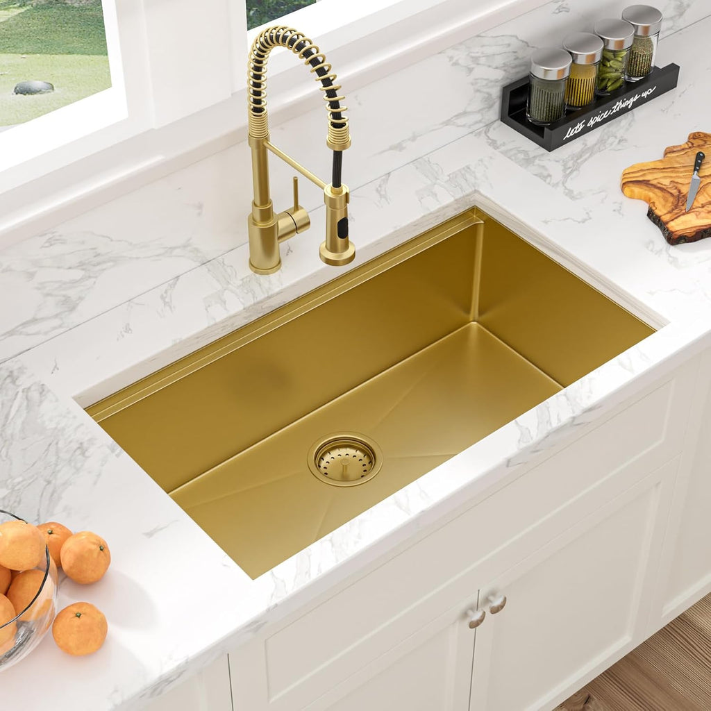 32 Gold Undermount Kitchen Sink 32" x19" Gold Sinks Workstation | 10" Deep 16 Gauge Stainless Steel Single Bowl Round
