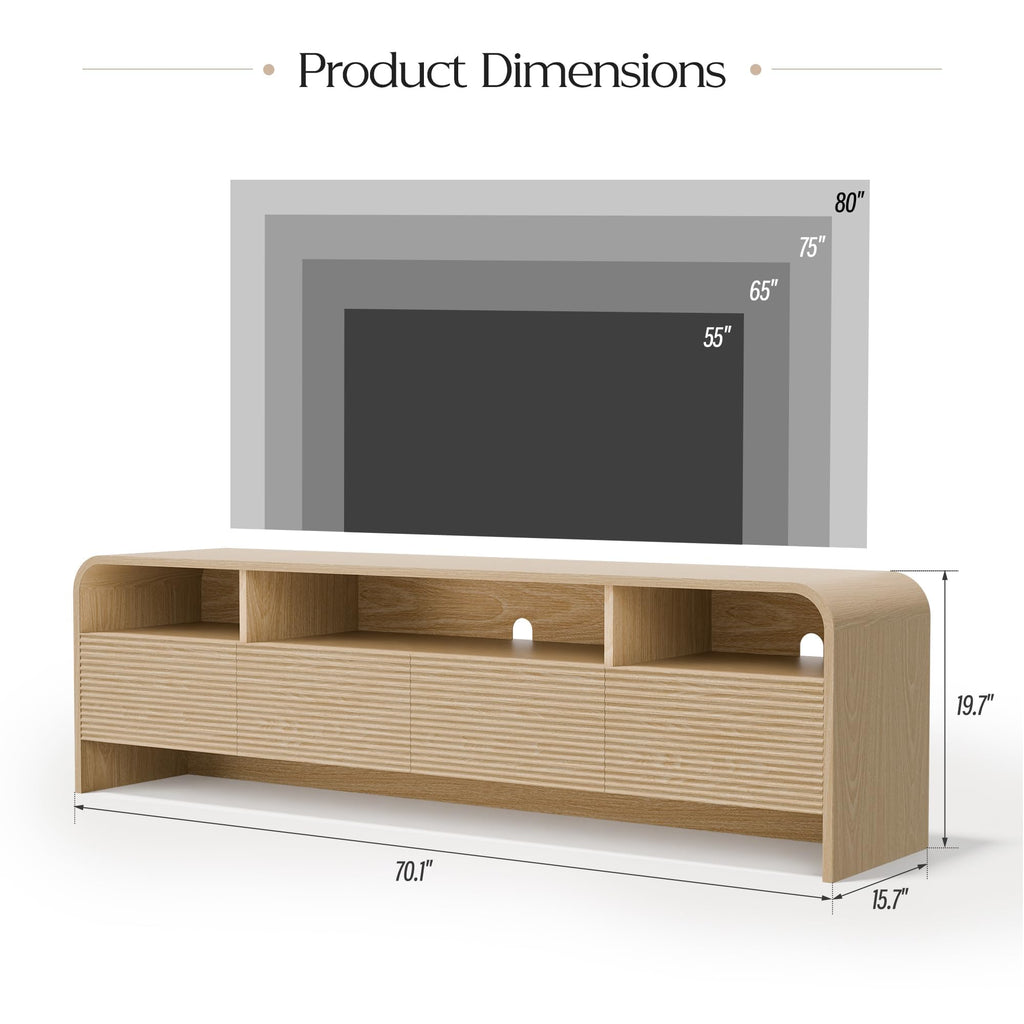 70" Fluted TV Stand, Modern Media Console for TVs up to 80", Natural Oak