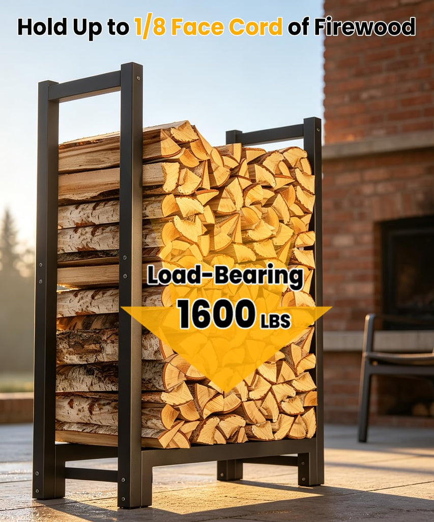2FT Firewood Rack Outdoor Indoor, Upgraded Heavy Duty Fire Wood Stacker Stand, 1/8 Cord Capacity Raised Log Holder Up