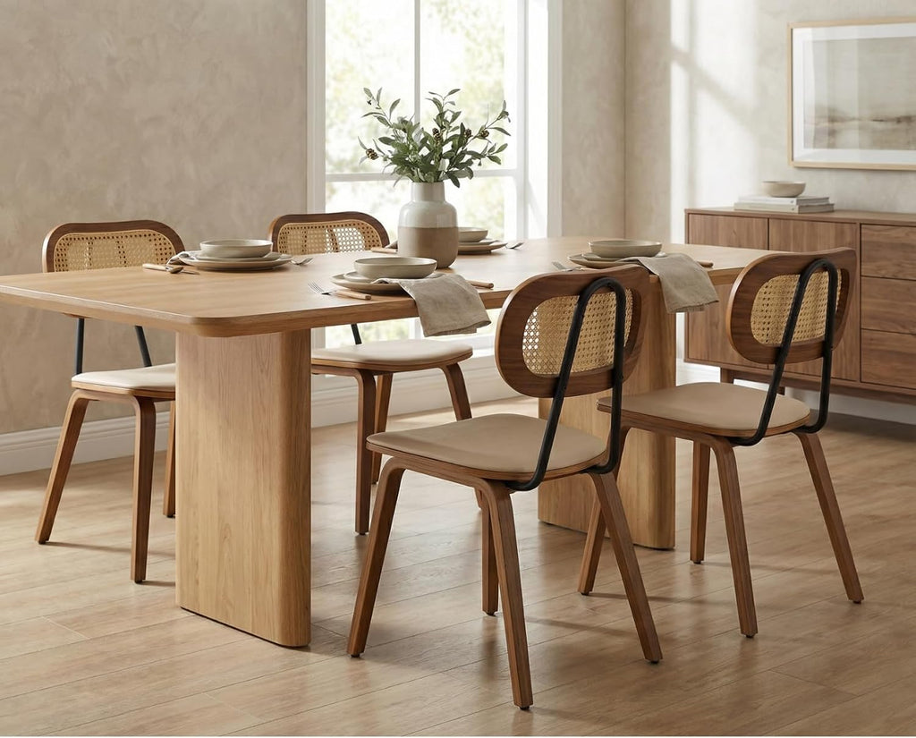 Modern Dining Chairs Set of 4, Upholstered Faux Leather Dining Room Chairs with Rattan Backrest and Wood Legs