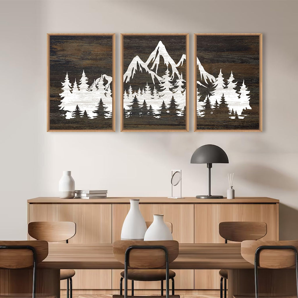 Large Mountain Tree Framed Canvas Wall Art Set, Modern White Forest Art Printing Country Minimalist Wood Wall Decor