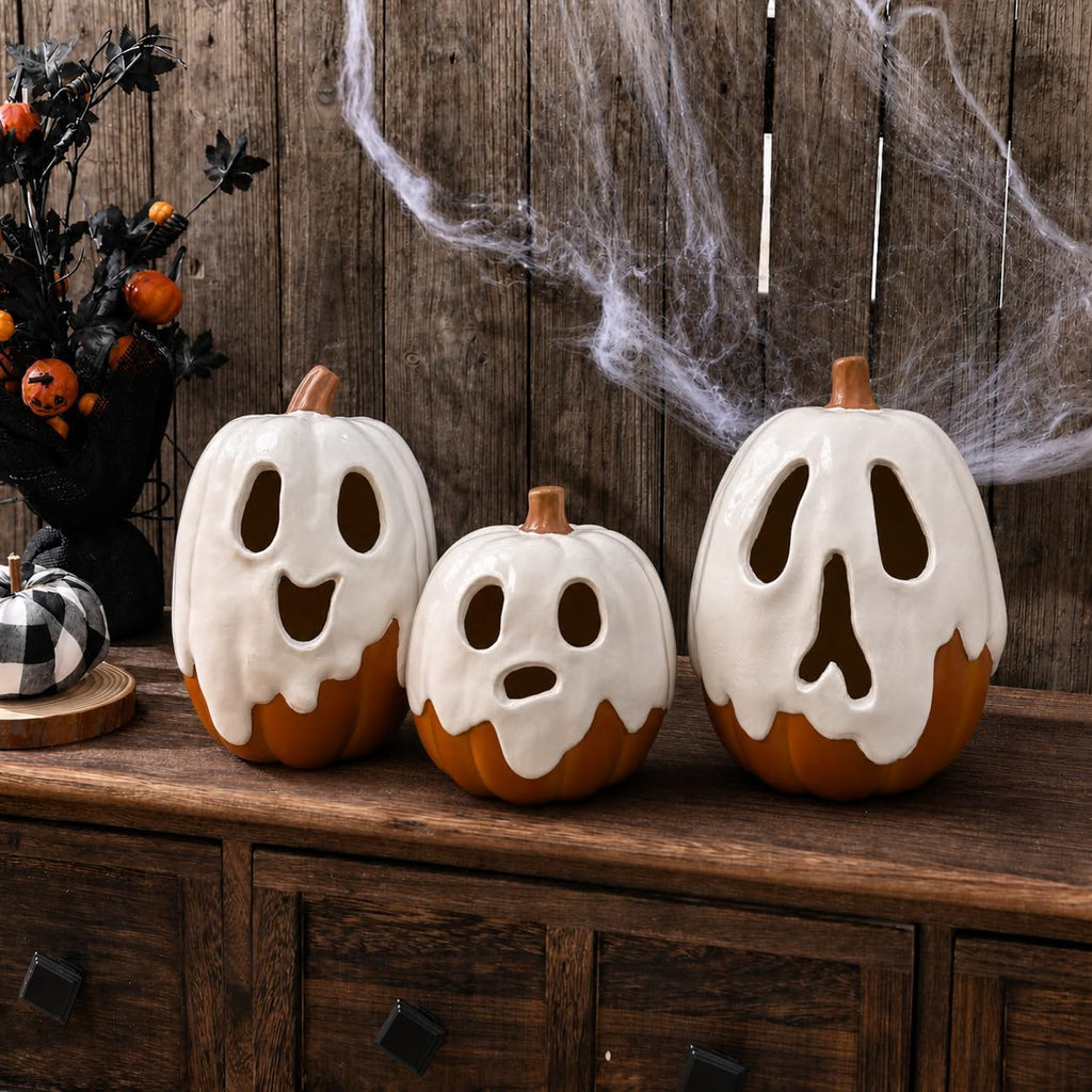 Halloween Decorations - 9.45" H Resin Ghost Pumpkin with Flameless Candle Outdoor - Cute Spooky Decoration