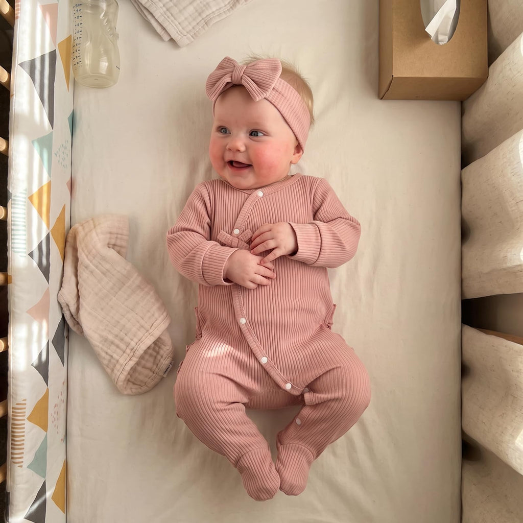 Newborn Girl coming home Outfit Baby Ribbed Knit Romper Side Tie Footed (Pink, Newborn)