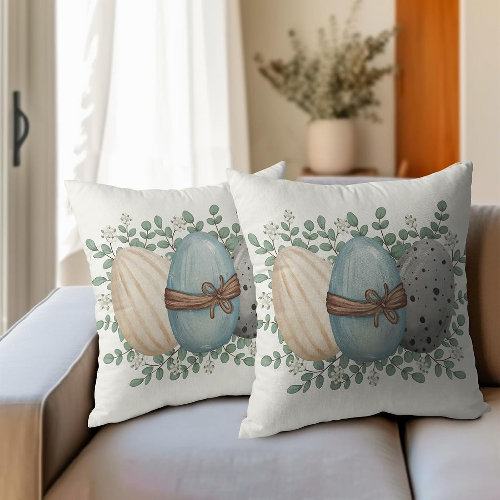 Easter Pillow Covers 18x18 Spring Throw Pillow Covers Rustic Cute Eggs Pillowcase Linen Decoration Farmhouse - Set of 2